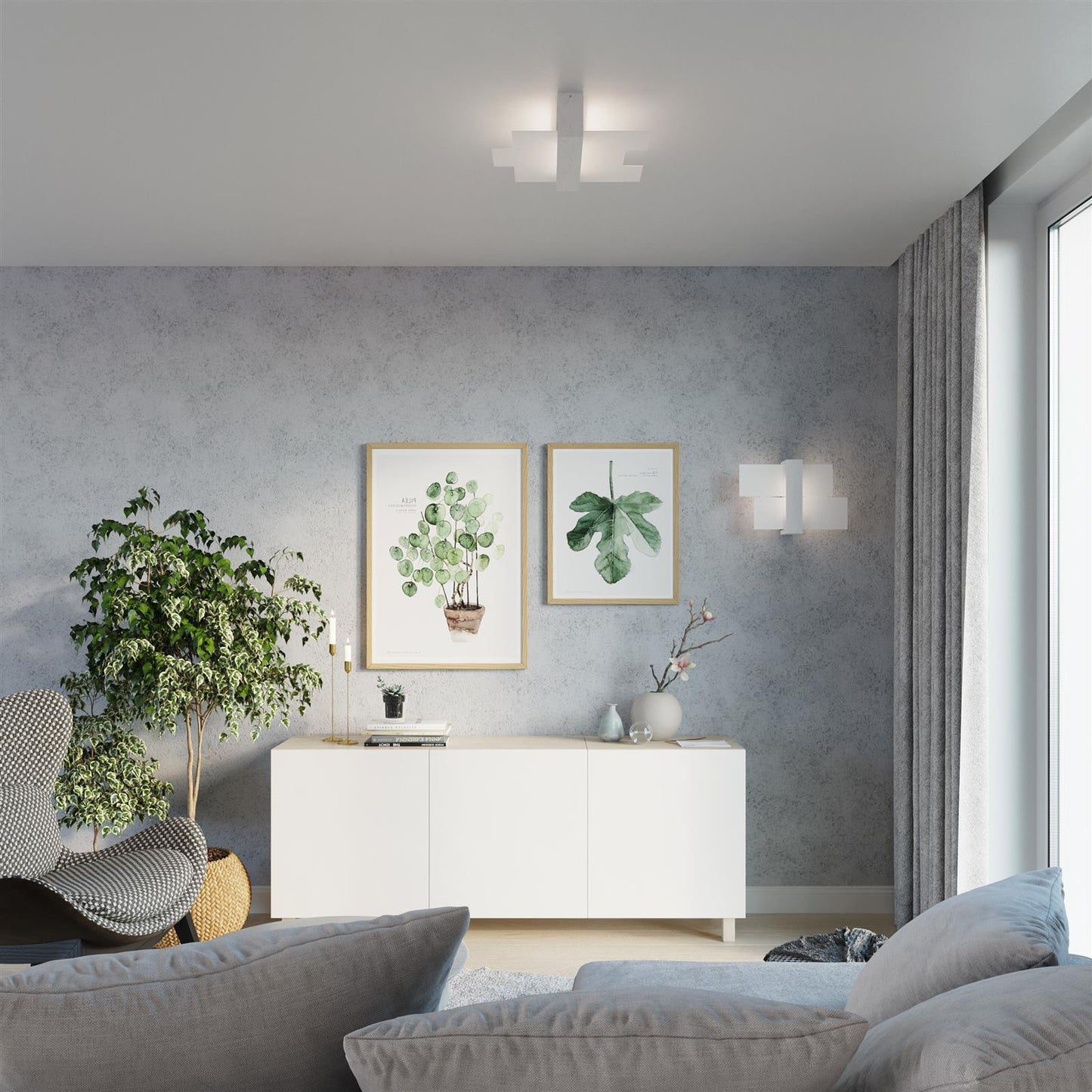 Set of 2 Light-on White Geo Ceiling Light and Wall Lamp for Bathroom, Bedroom, Dining Room, Hallway, Kitchen and Living Room