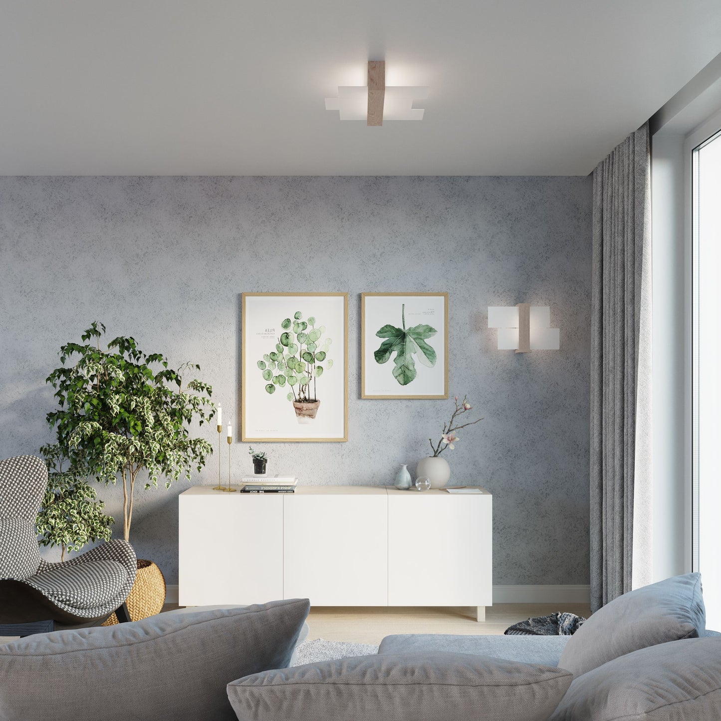 Set of 2 Light-on White Geo Ceiling Light and Wall Lamp for Bathroom, Bedroom, Dining Room, Hallway, Kitchen and Living Room