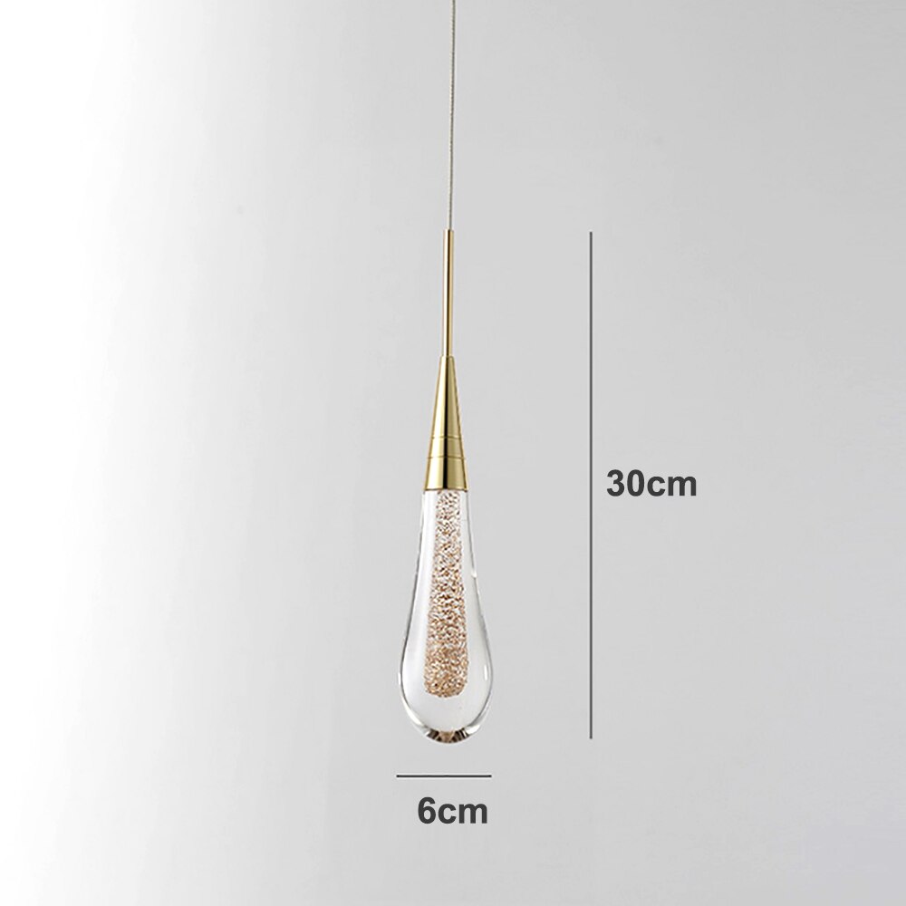 Close-up of Golden Glass Drop Pendant Hanging High Ceiling Light with Measurements for Bedroom, Dining Room, Hallway, Kitchen, and Living Room