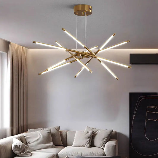 Golden Chrome Tube Chandelier Ceiling Light with White Cord for Dinning Room, Hallway and Living Room