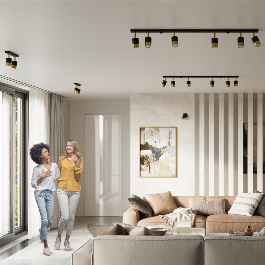 Living room featuring multiple gold and black Trip Track Lights installed on the ceiling, providing versatile and focused lighting