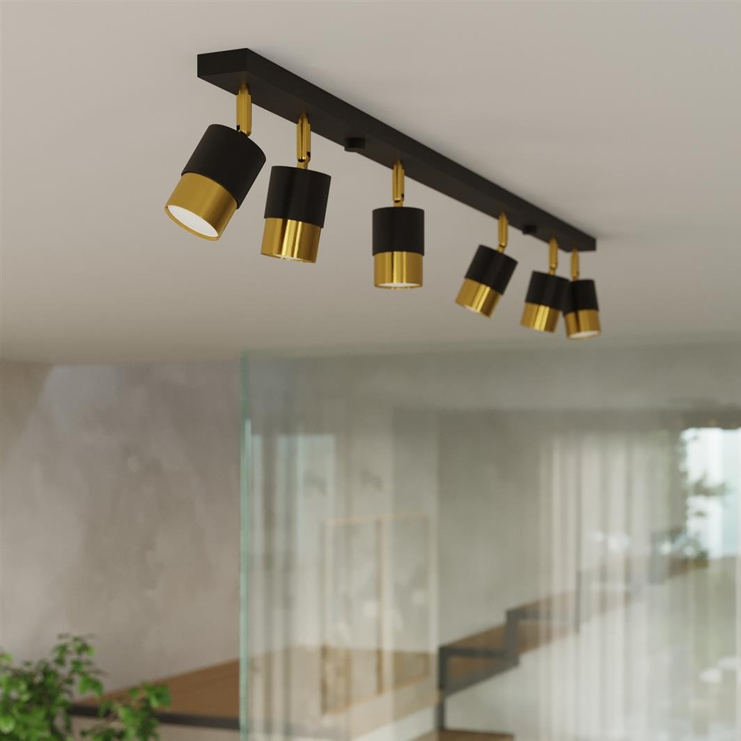 Trip Track Light in gold and black, ideal for ceiling and wall lighting in bathrooms, bedrooms, dining rooms, hallways, kitchens, and living rooms