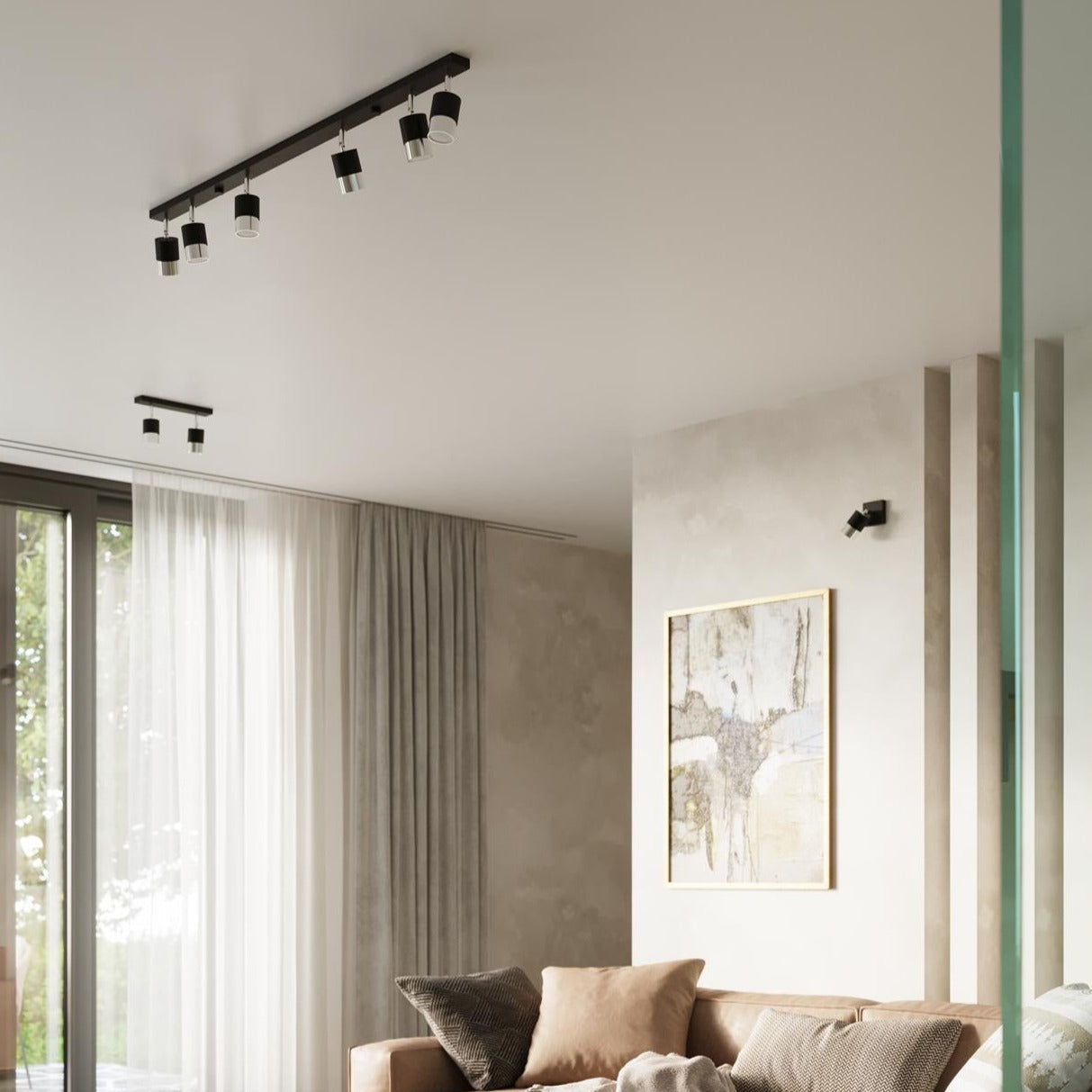 Chrome Black Trip Track Lights installed on the ceiling, highlighting the modern living room space with adjustable, directional lighting