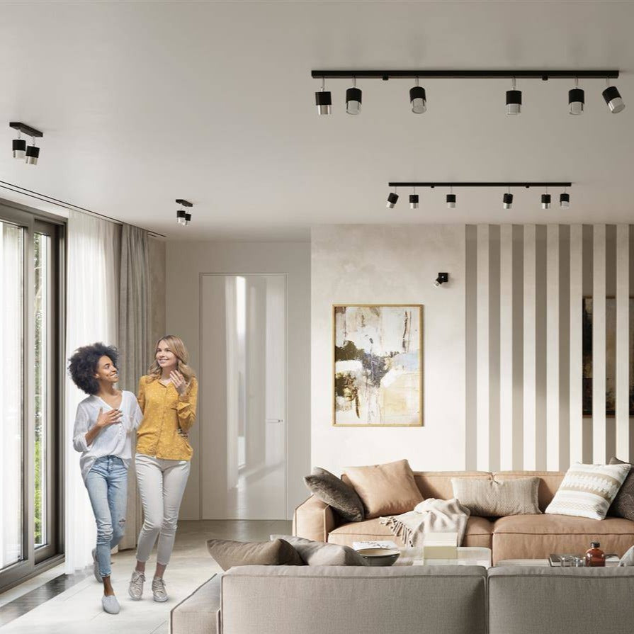 Multiple Trip Track Lights in Chrome Black installed on the ceiling, providing versatile lighting for kitchens, hallways, living rooms, dining rooms, and bedrooms