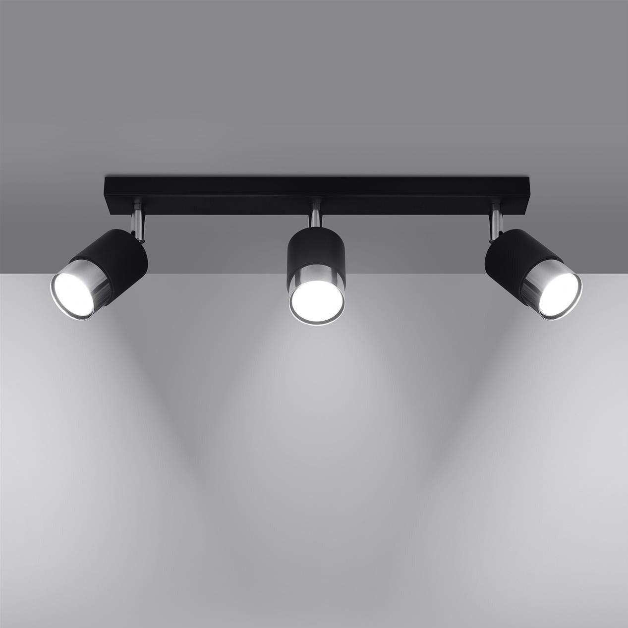 Trip Track Light in Chrome Black, featuring three adjustable lights, perfect for ceiling installations in kitchens, hallways, living rooms, dining rooms, and bedrooms