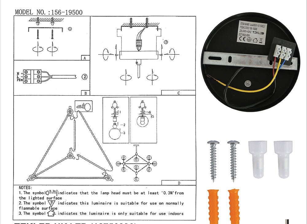 10 Amber Globe Molecule Chandelier installation diagram showing assembly and wiring instructions