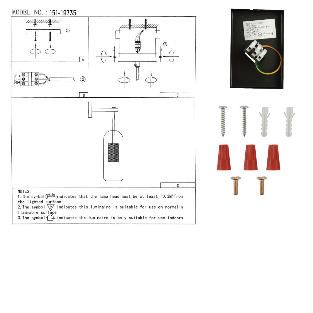 Cylinder Cage Wall Light installation diagram showing assembly and wiring instructions