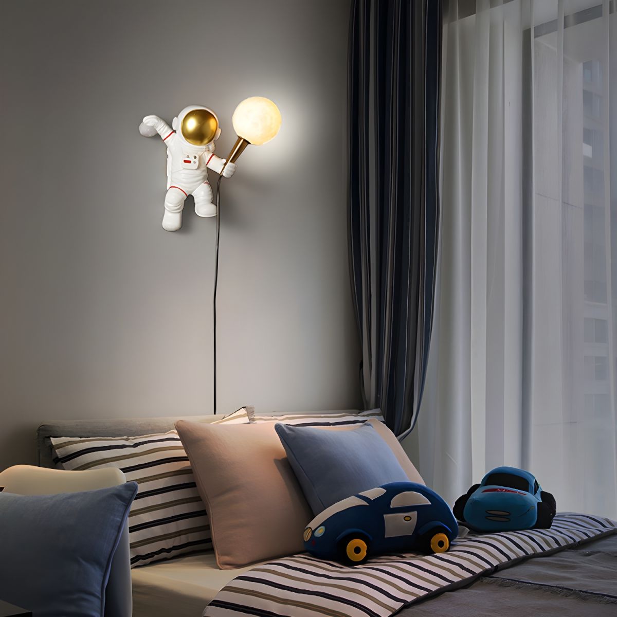 Plug In Astronaut Nursery Wall Light for Living Room and Bedroom Placed on Dark Wall
