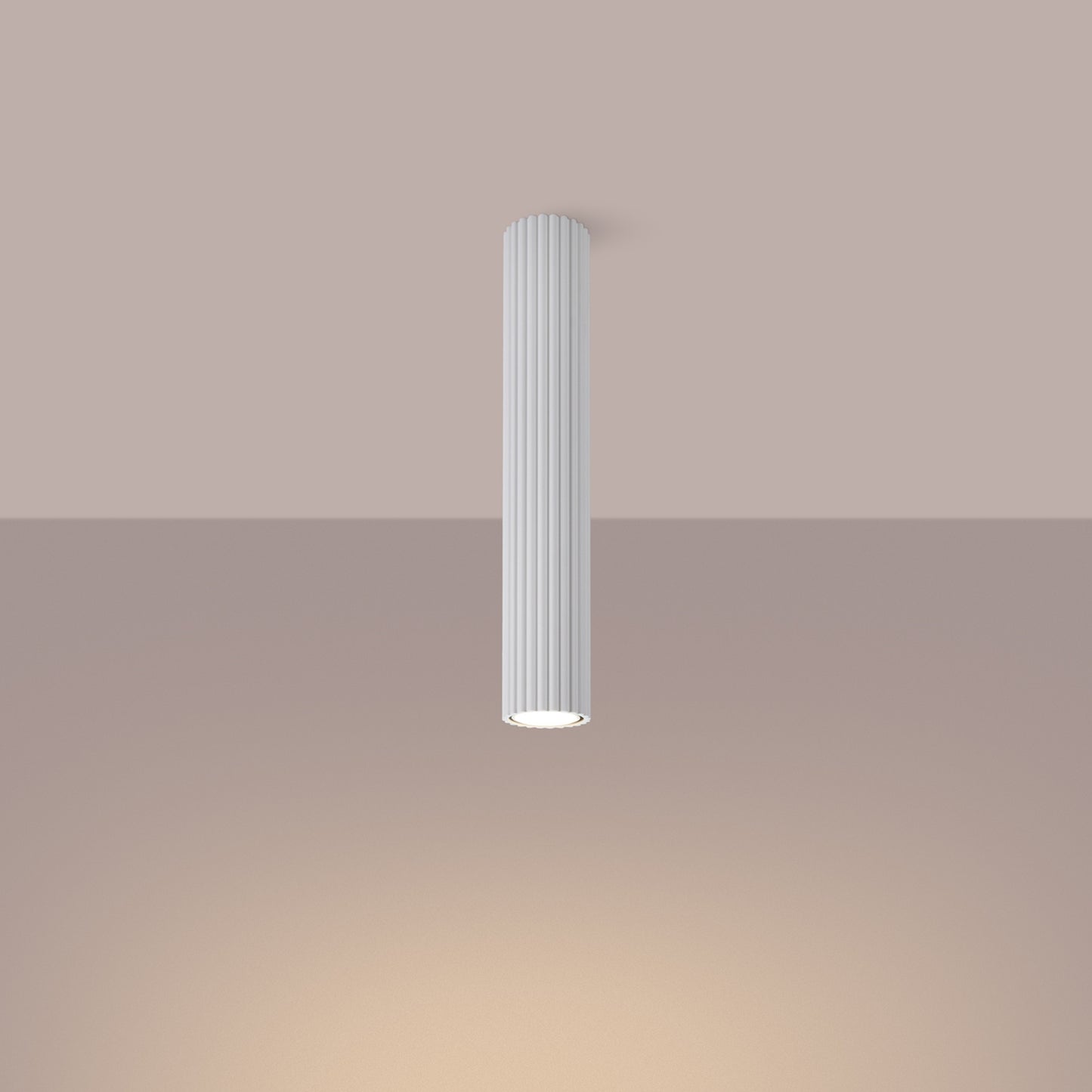 White Extra Tall Ribbed Cylinder Ceiling Light switched on in modern UK home interior, warm LED glow