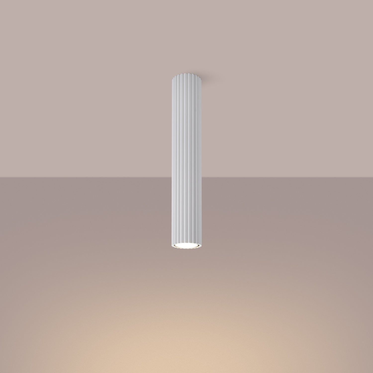 White Extra Tall Ribbed Cylinder Ceiling Light switched on in modern UK home interior, warm LED glow