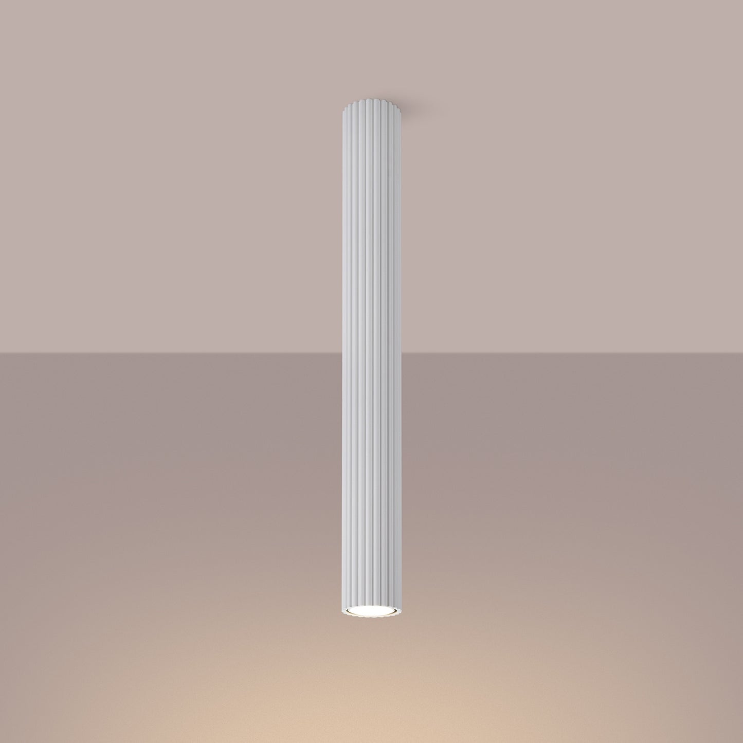 White Pillar Ribbed Cylinder Ceiling Light 60cm switched on in modern UK home interior, warm LED glow