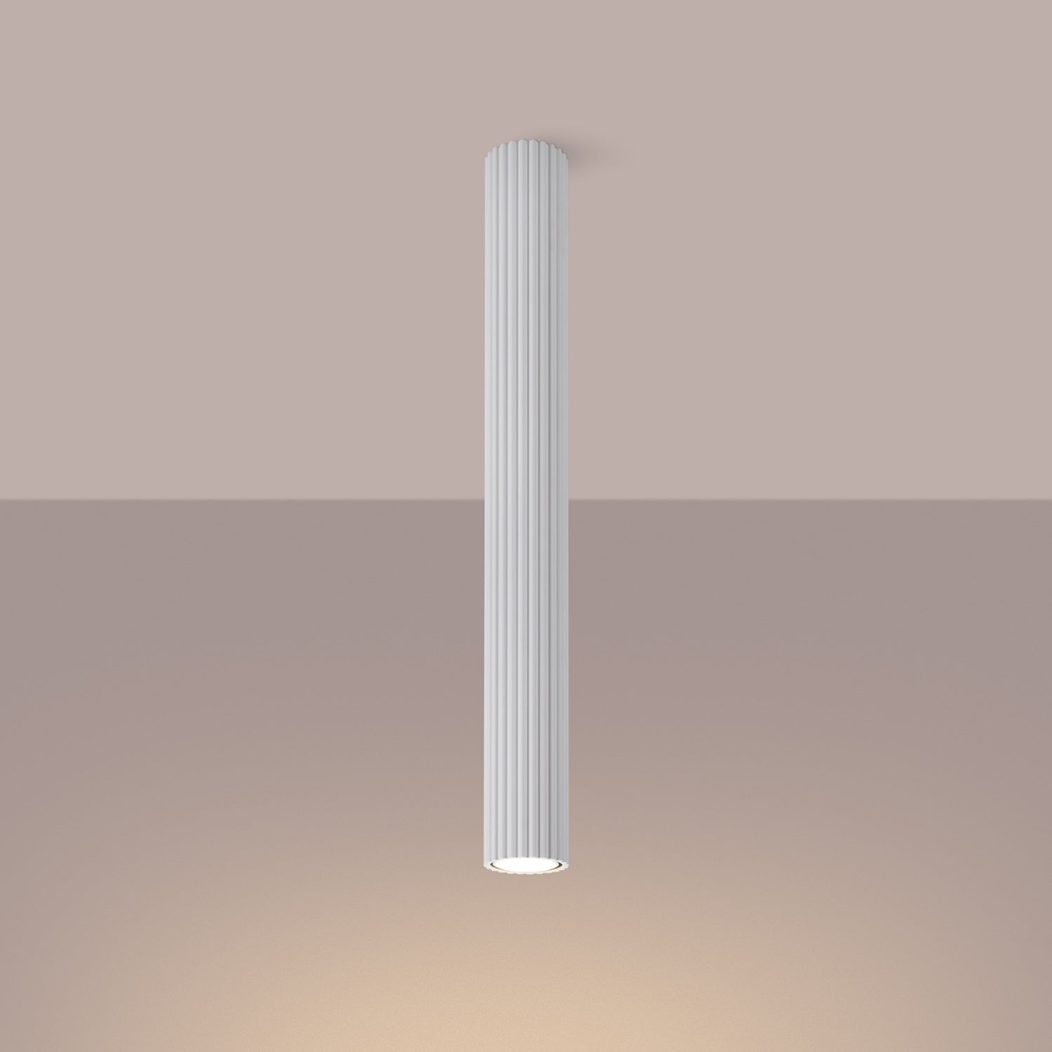 White Pillar Ribbed Cylinder Ceiling Light 60cm switched on in modern UK home interior, warm LED glow