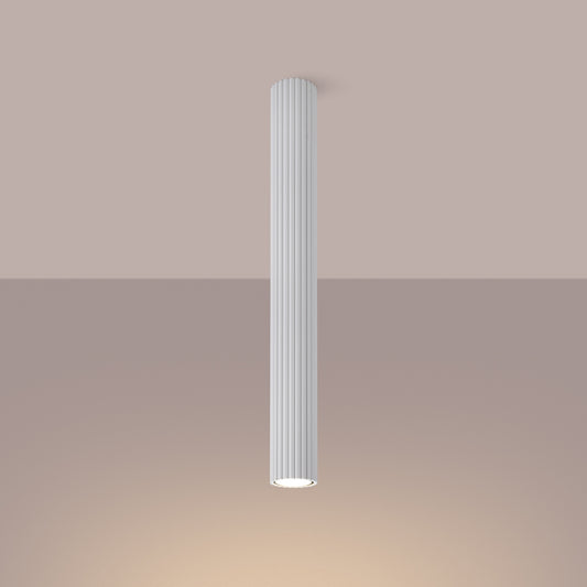 White Pillar Ribbed Cylinder Ceiling Light 60cm switched on in modern UK home interior, warm LED glow
