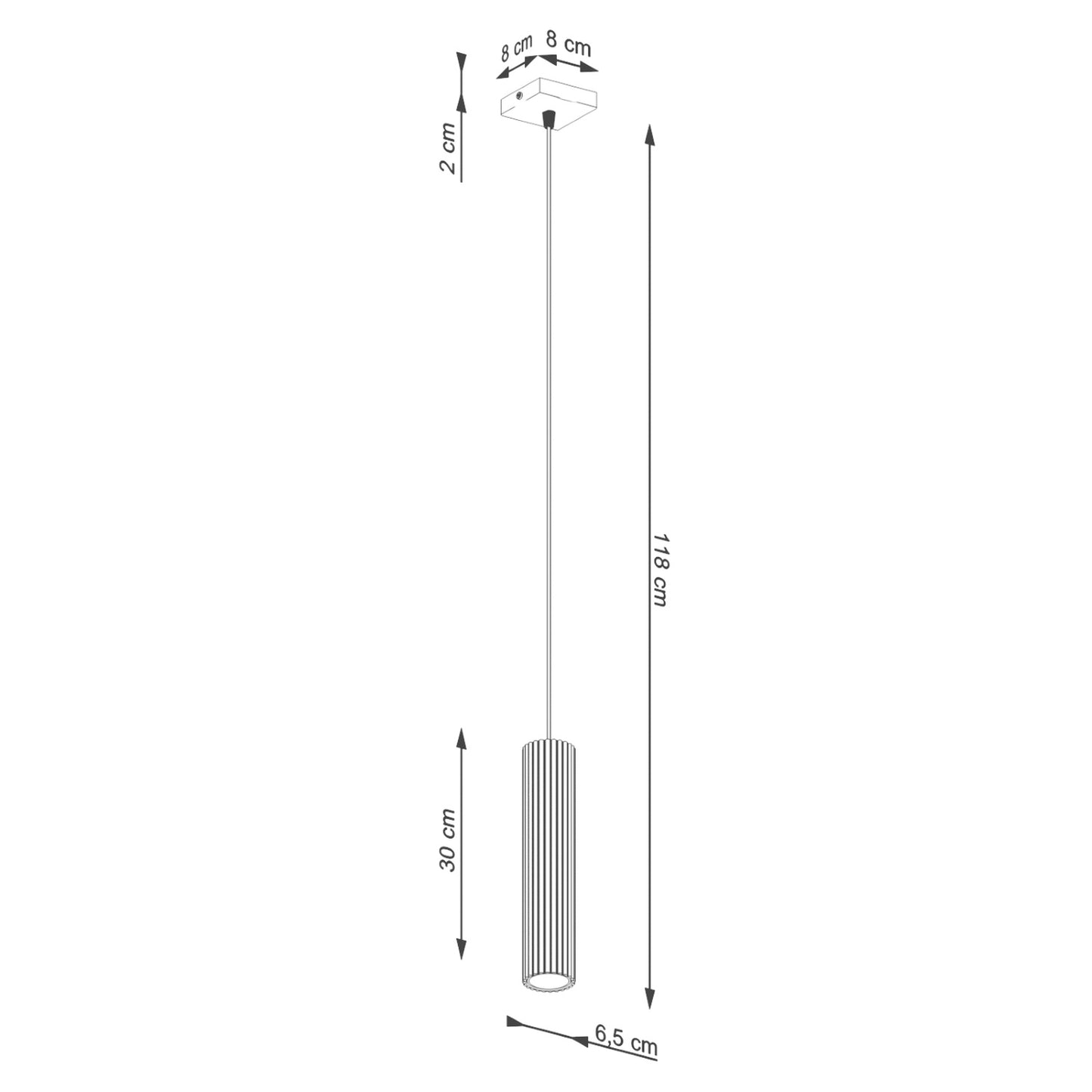 Gold Ribbed Cylinder Pendant Light technical view and dimensions reference