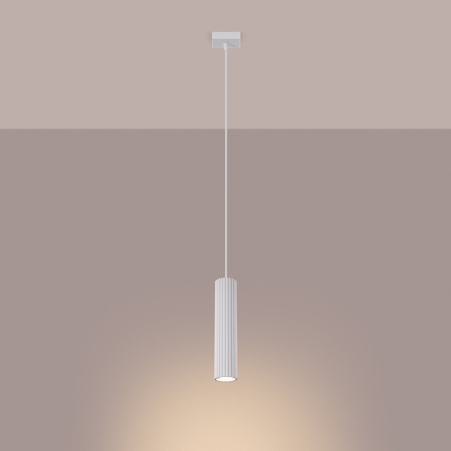 White Ribbed Cylinder Pendant Light switched on in modern UK home interior, warm LED glow