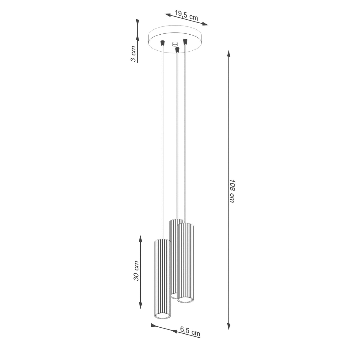 Taupe Triple Ribbed Pendant Cluster technical view and dimensions reference