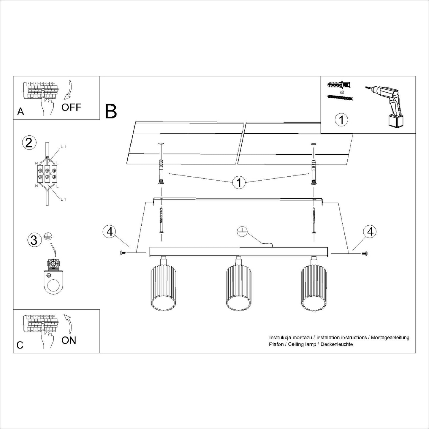 Gold Triple Ribbed Spotlight Bar technical view and dimensions reference