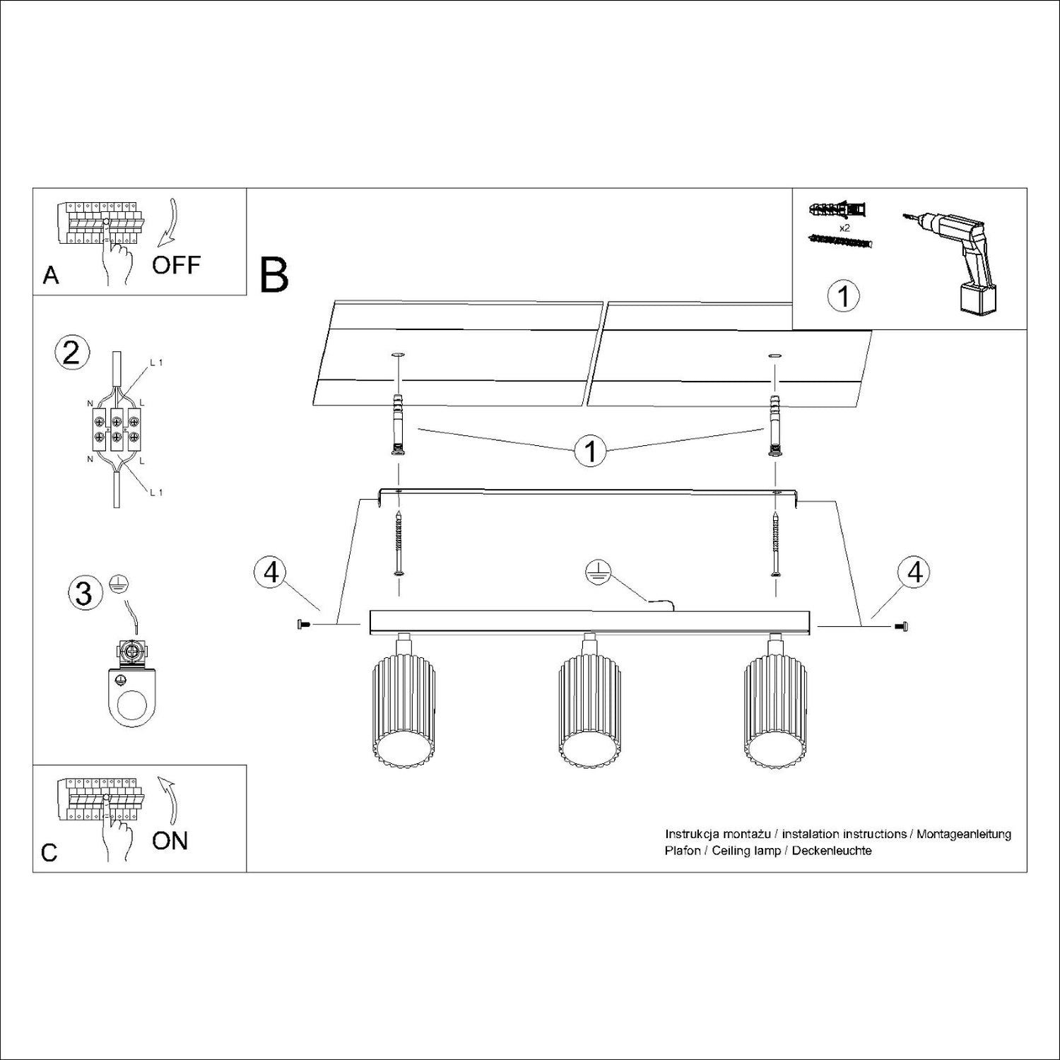 Gold Triple Ribbed Spotlight Bar technical view and dimensions reference