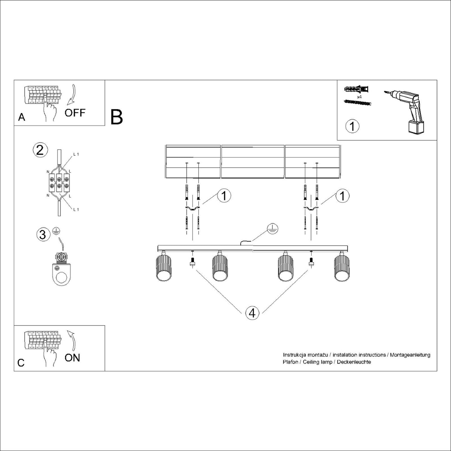 Beige Four Light Ribbed Spotlight Bar technical view and dimensions reference