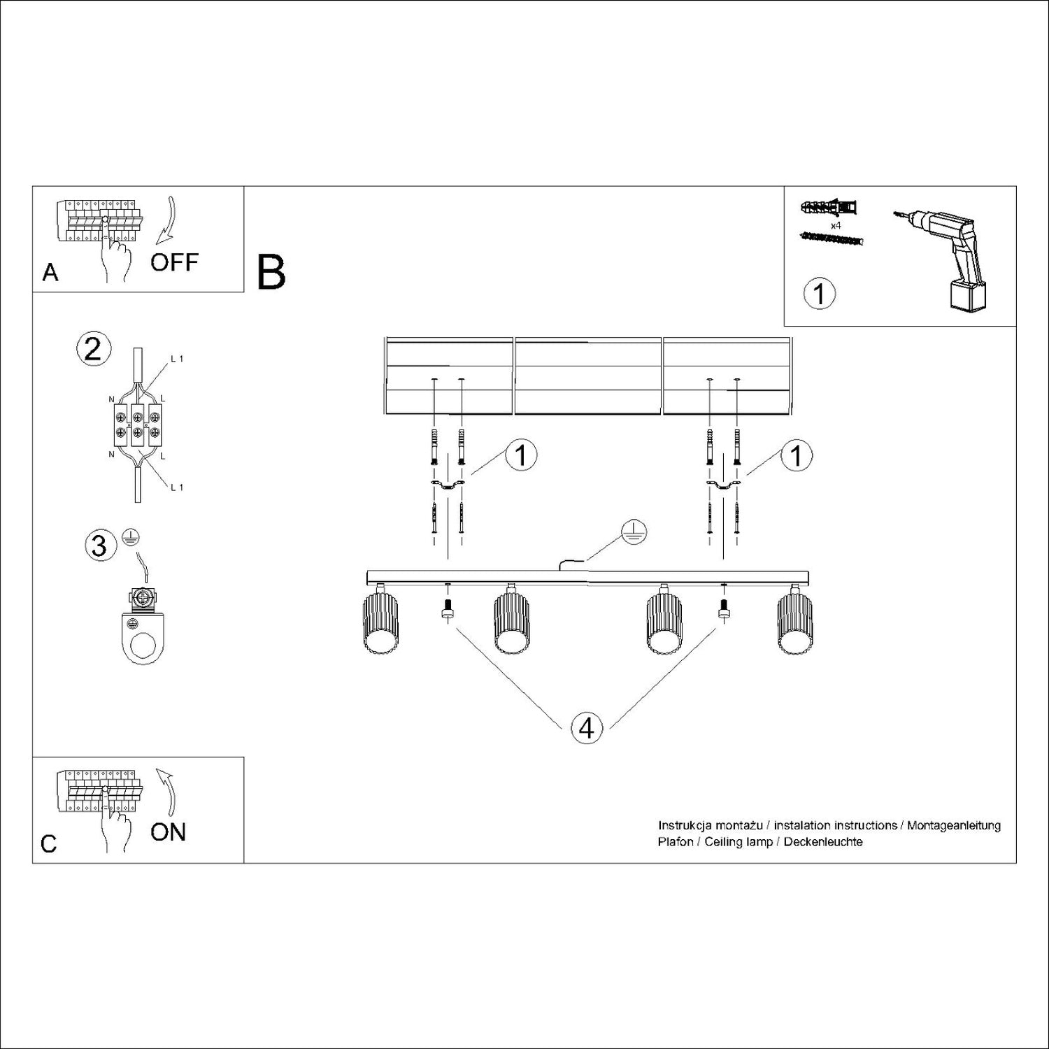 Beige Four Light Ribbed Spotlight Bar technical view and dimensions reference