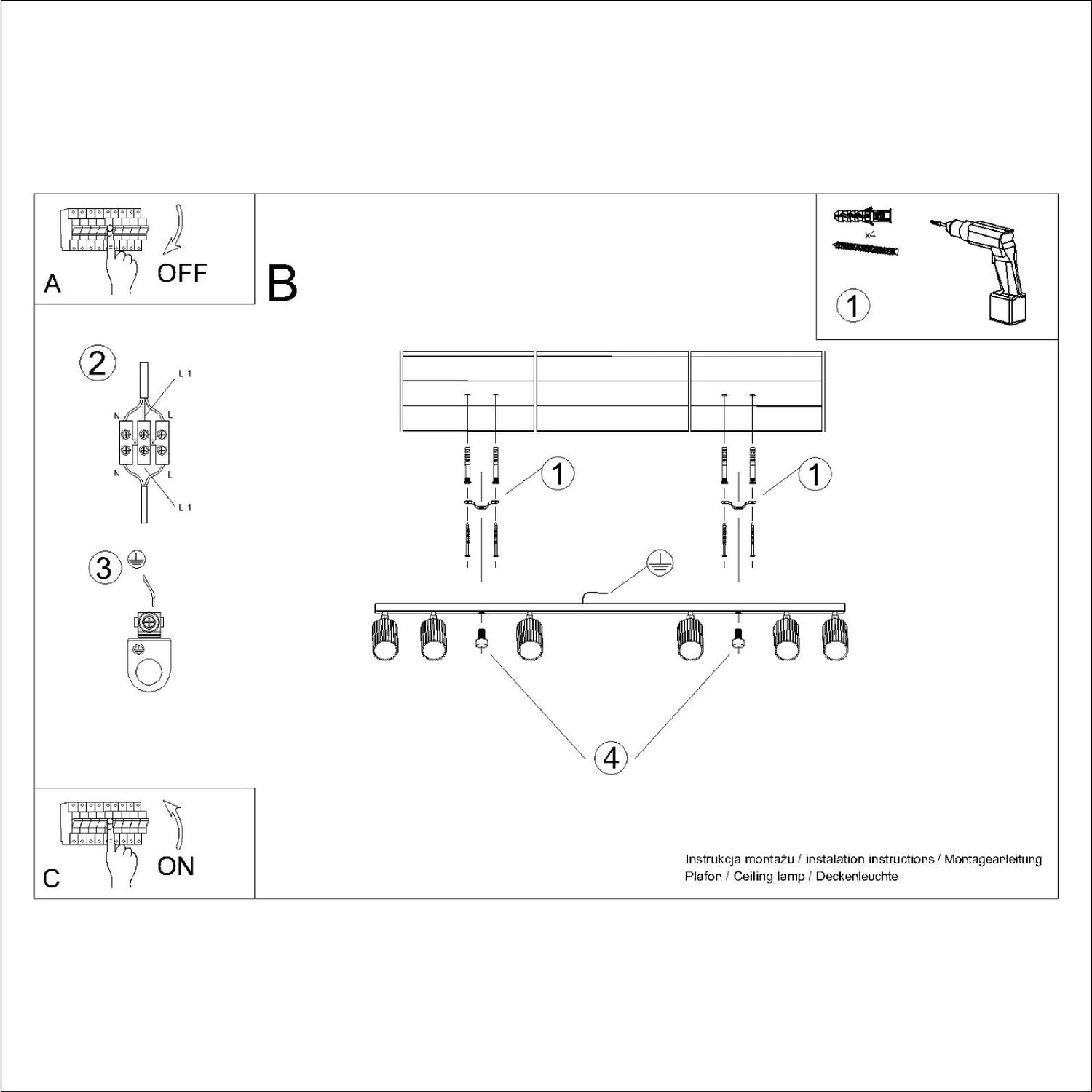 Black Six Light Ribbed Spotlight Bar technical view and dimensions reference