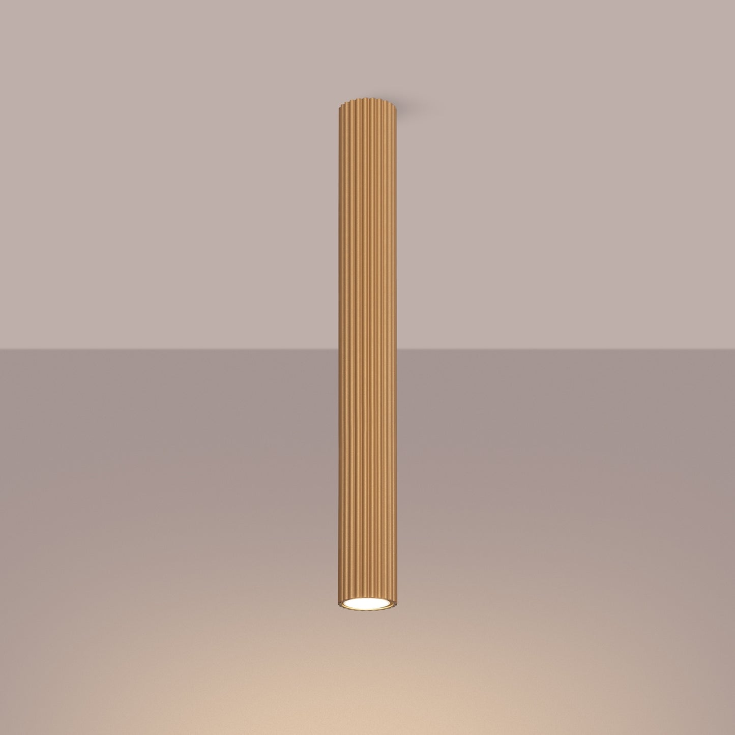 Gold Pillar Ribbed Cylinder Ceiling Light 60cm switched on in modern UK home interior, warm LED glow