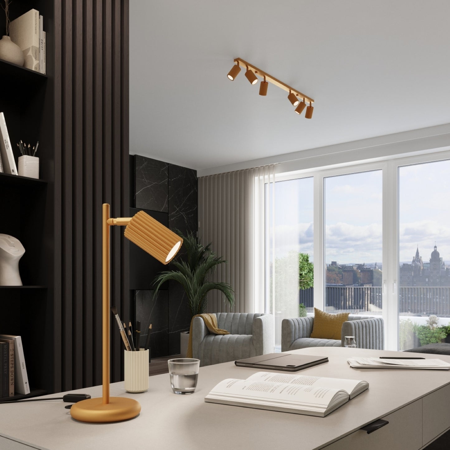 Gold Ribbed Cylinder Pendant Light technical view and dimensions reference