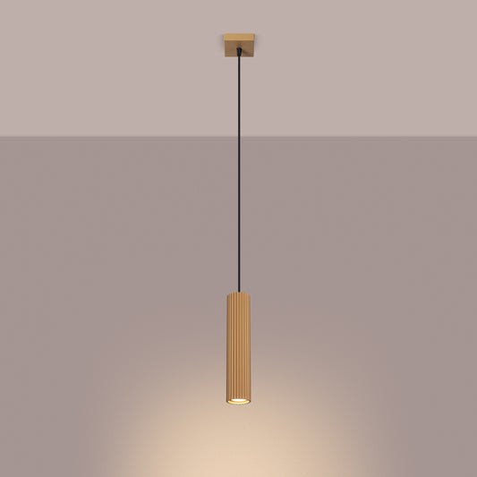 Gold Ribbed Cylinder Pendant Light switched on in modern UK home interior, warm LED glow