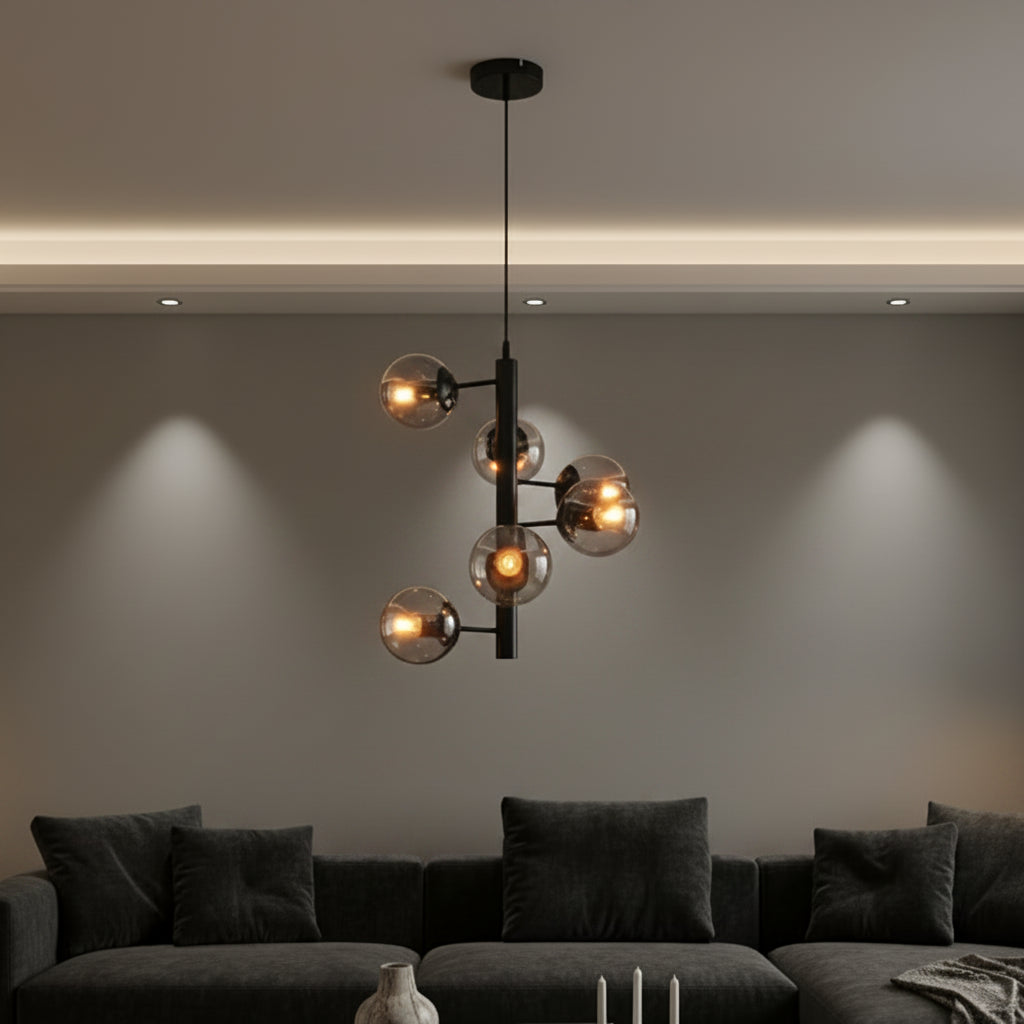 Spiral 6 Globe Sputnik Chandelier product photograph showing design detail and finish