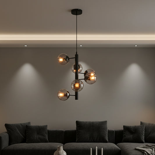 Spiral 6 Globe Sputnik Chandelier product photograph showing design detail and finish