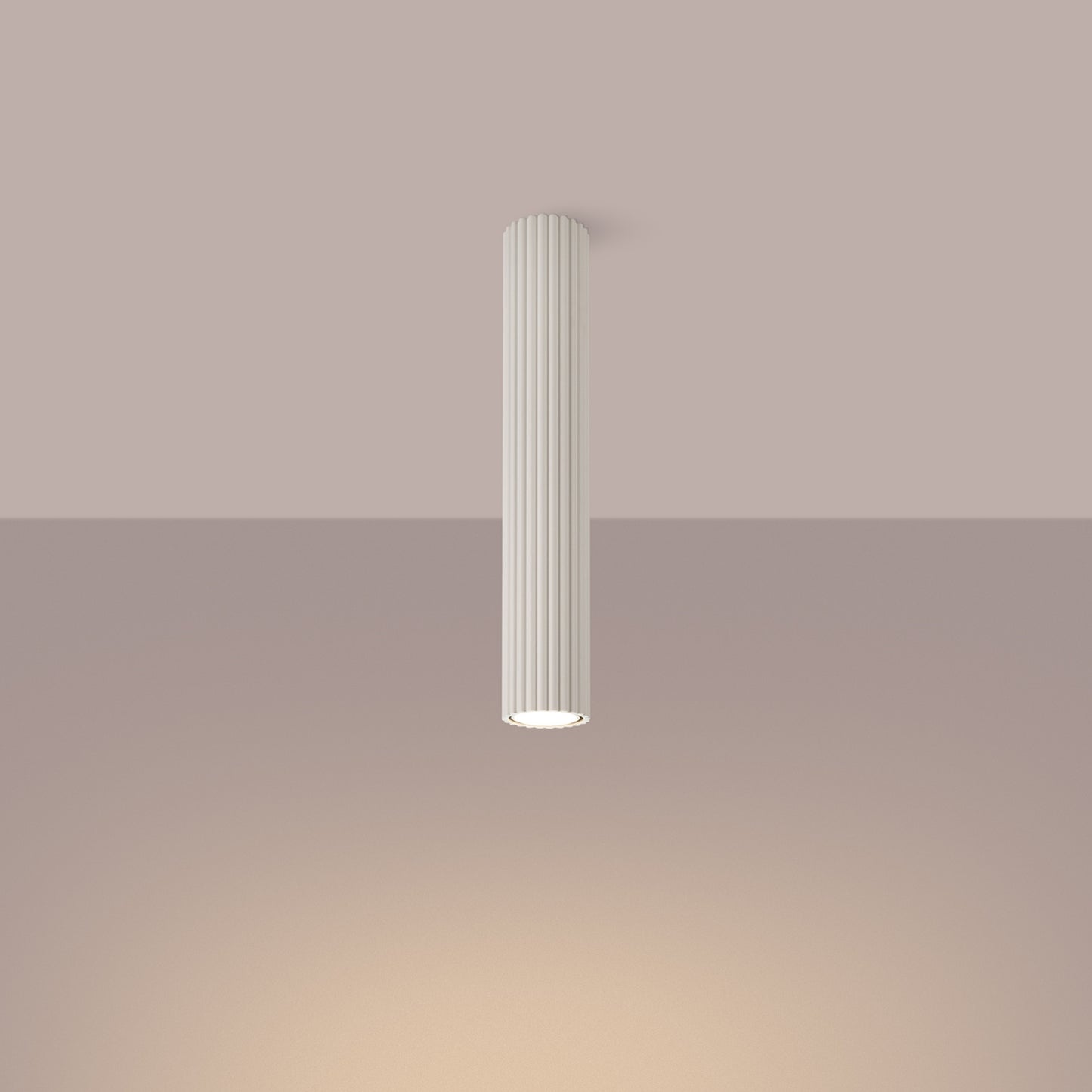 Beige Extra Tall Ribbed Cylinder Ceiling Light switched on in modern UK home interior, warm LED glow
