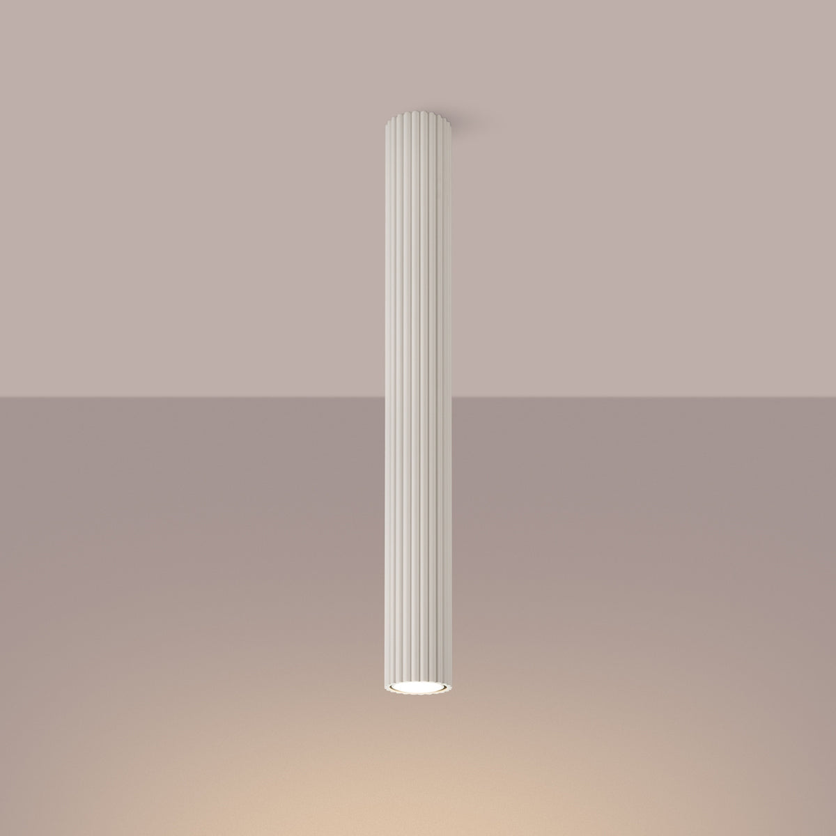 Beige Pillar Ribbed Cylinder Ceiling Light 60cm switched on in modern UK home interior, warm LED glow