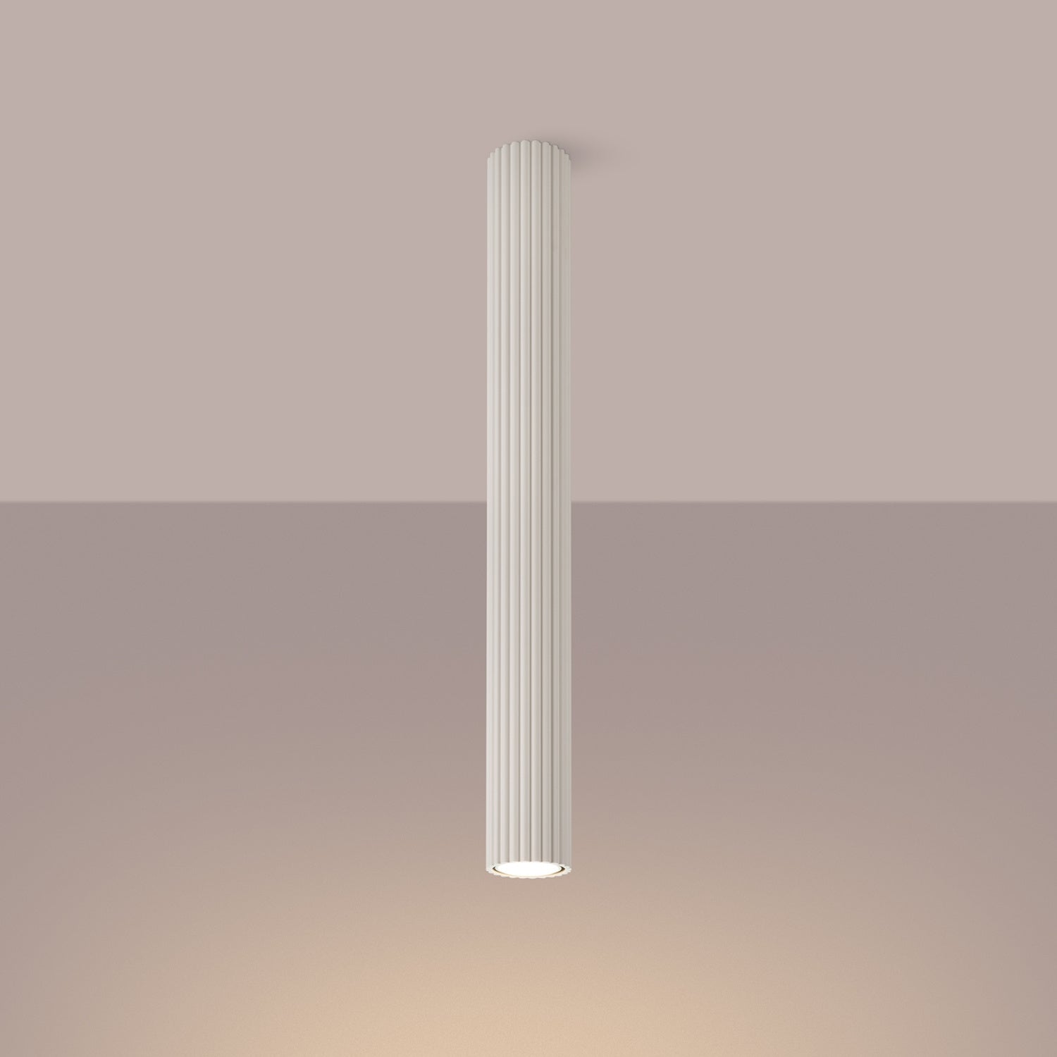 Beige Pillar Ribbed Cylinder Ceiling Light 60cm switched on in modern UK home interior, warm LED glow