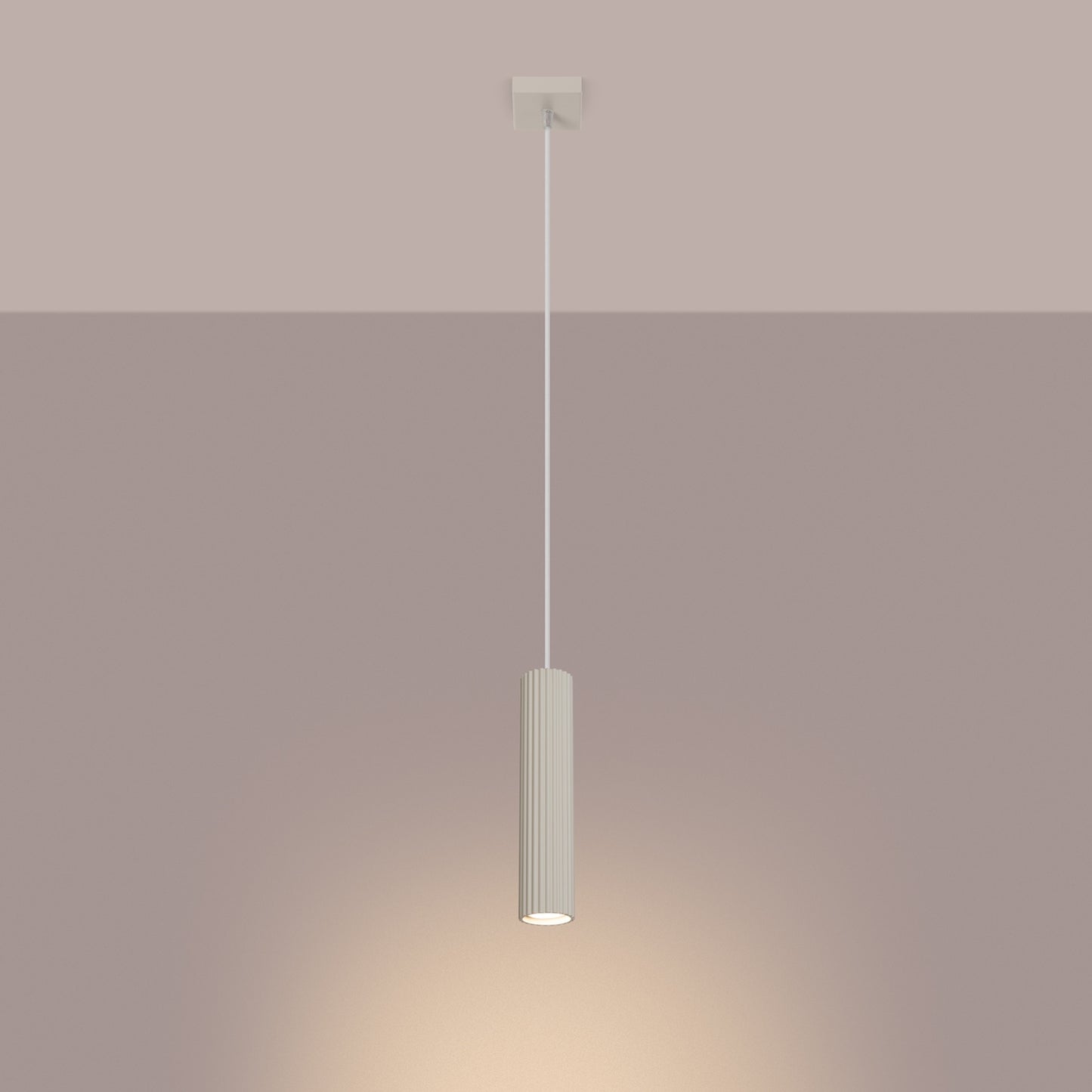 Beige Ribbed Cylinder Pendant Light switched on in modern UK home interior, warm LED glow