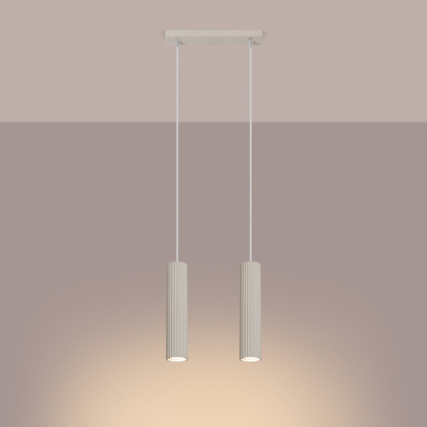 Beige Twin Ribbed Pendant Spotlight switched on in modern UK home interior, warm LED glow
