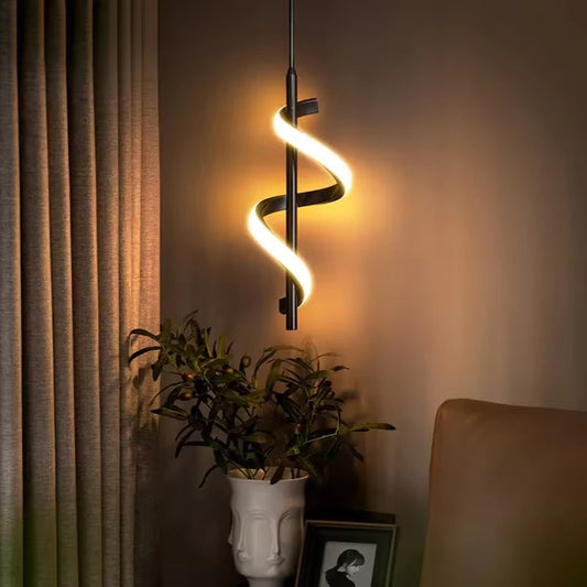Close-up of Golden Twisted LED Pendant High Ceiling Light for Bathroom, Bedroom, Dining Room, Kitchen, and Living Room