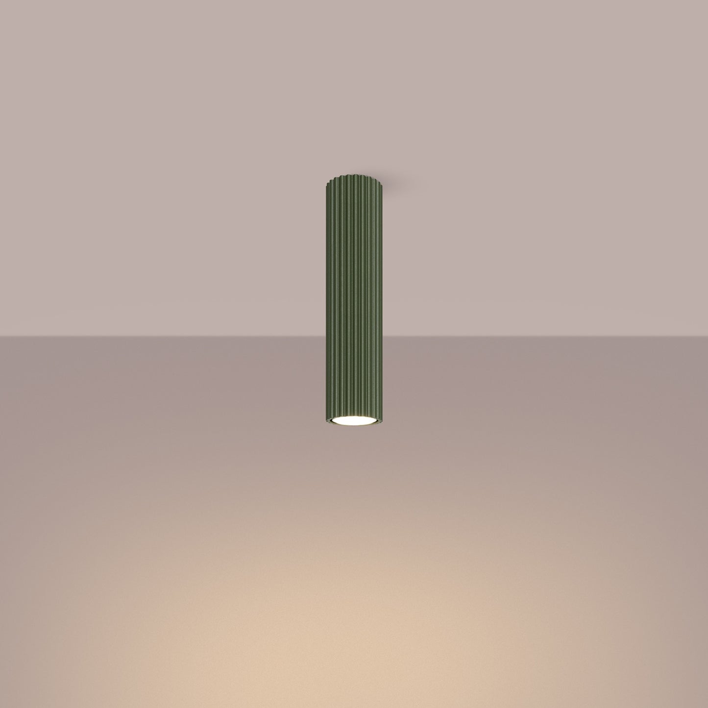 Olive Green Tall Ribbed Cylinder Ceiling Spotlight switched on in modern UK home interior, warm LED glow