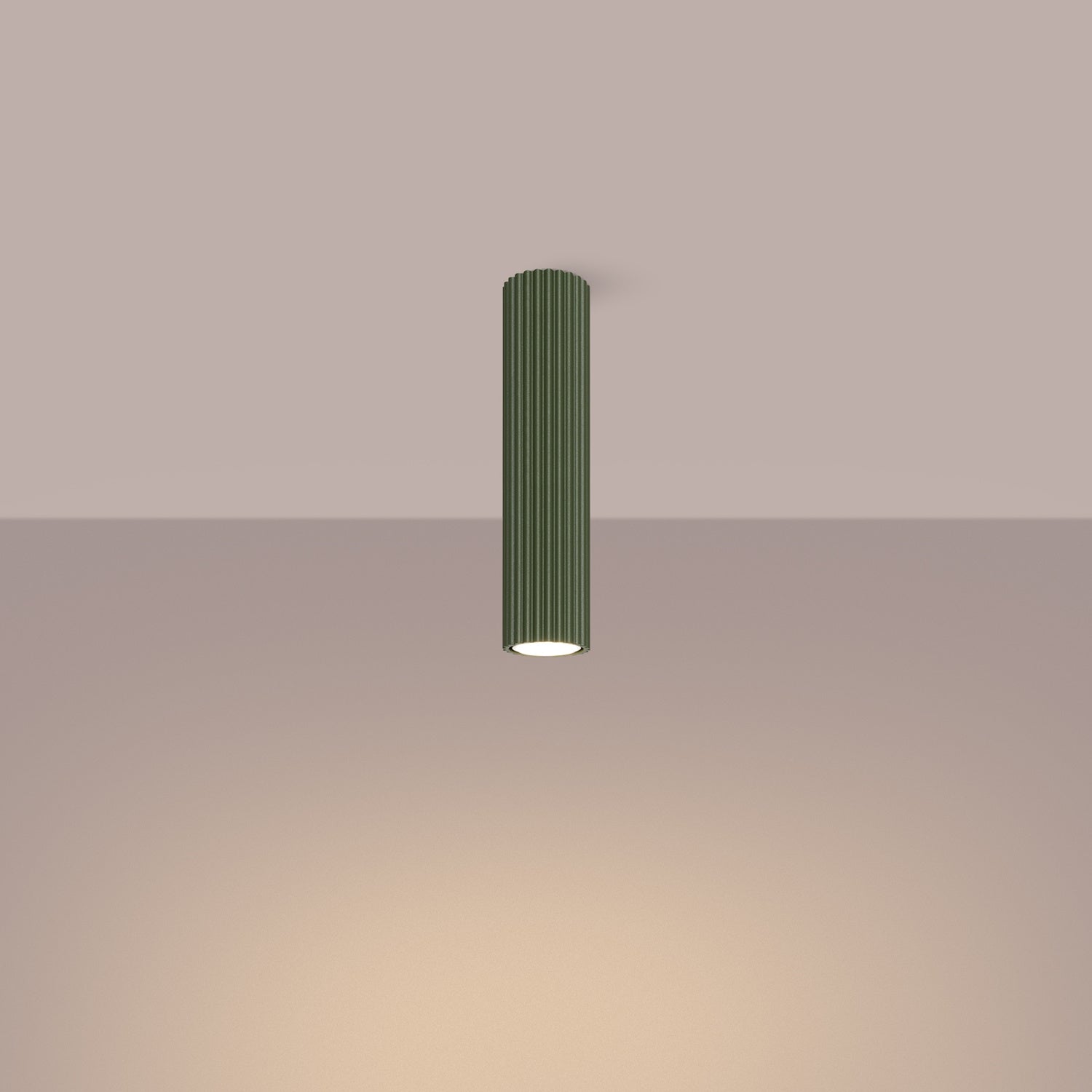 Olive Green Tall Ribbed Cylinder Ceiling Spotlight switched on in modern UK home interior, warm LED glow