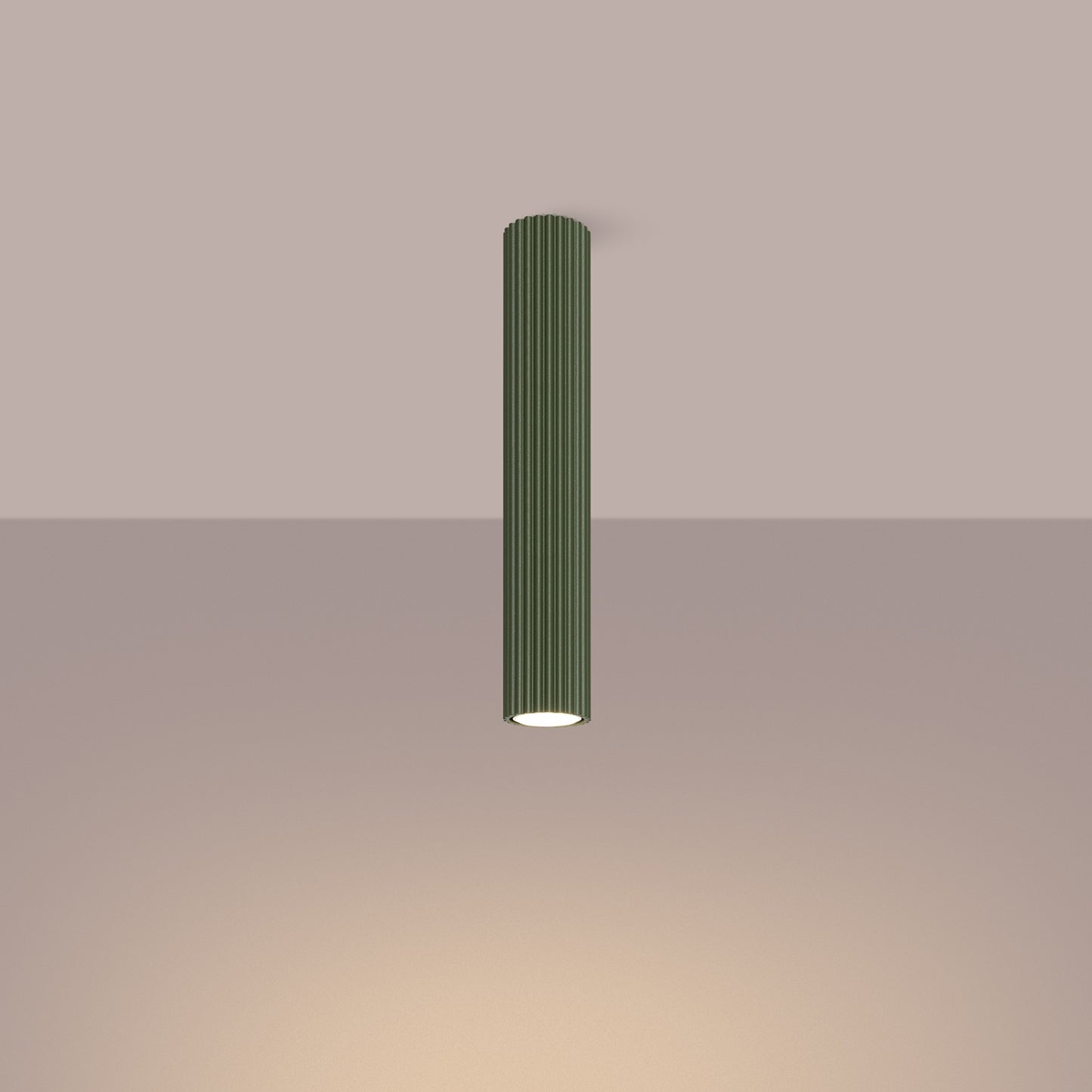 Olive Green Extra Tall Ribbed Cylinder Ceiling Light switched on in modern UK home interior, warm LED glow