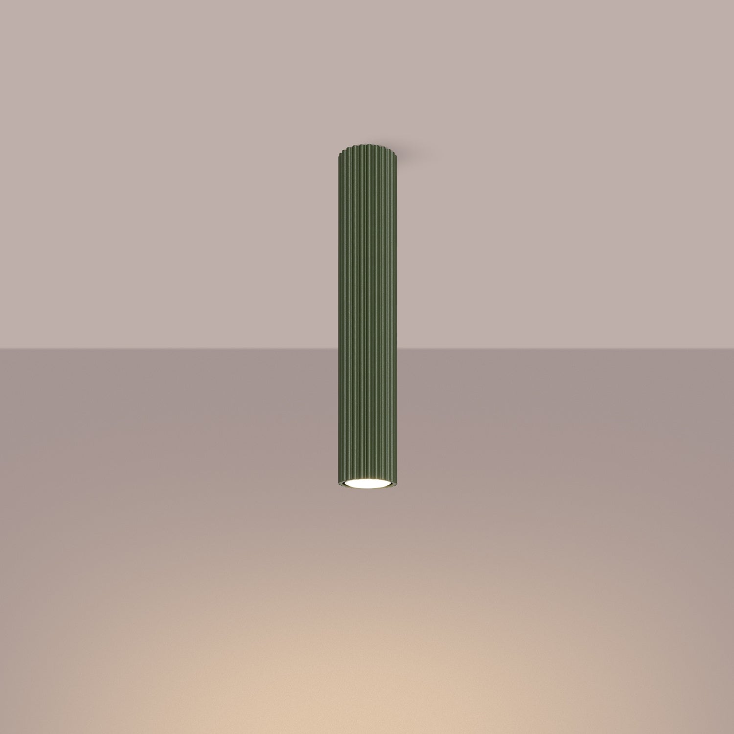 Olive Green Extra Tall Ribbed Cylinder Ceiling Light switched on in modern UK home interior, warm LED glow