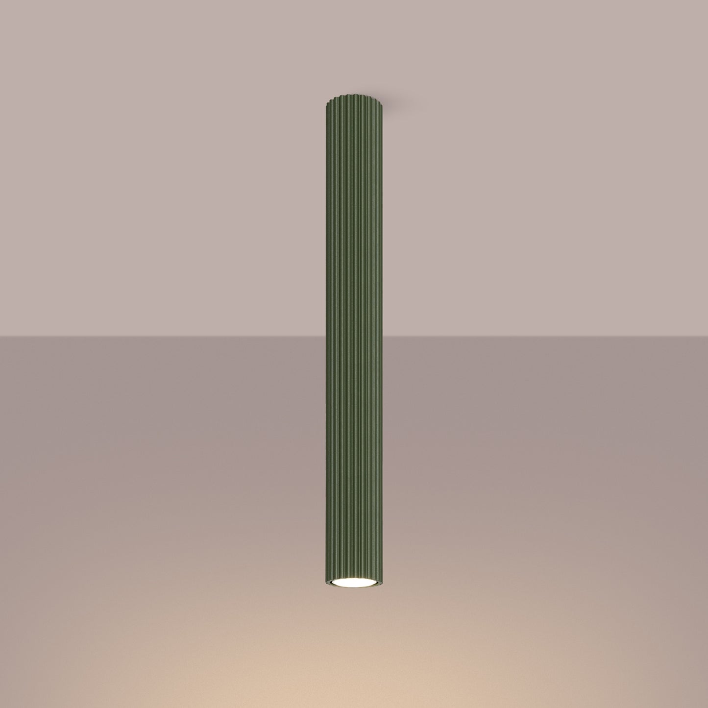 Olive Green Pillar Ribbed Cylinder Ceiling Light 60cm switched on in modern UK home interior, warm LED glow