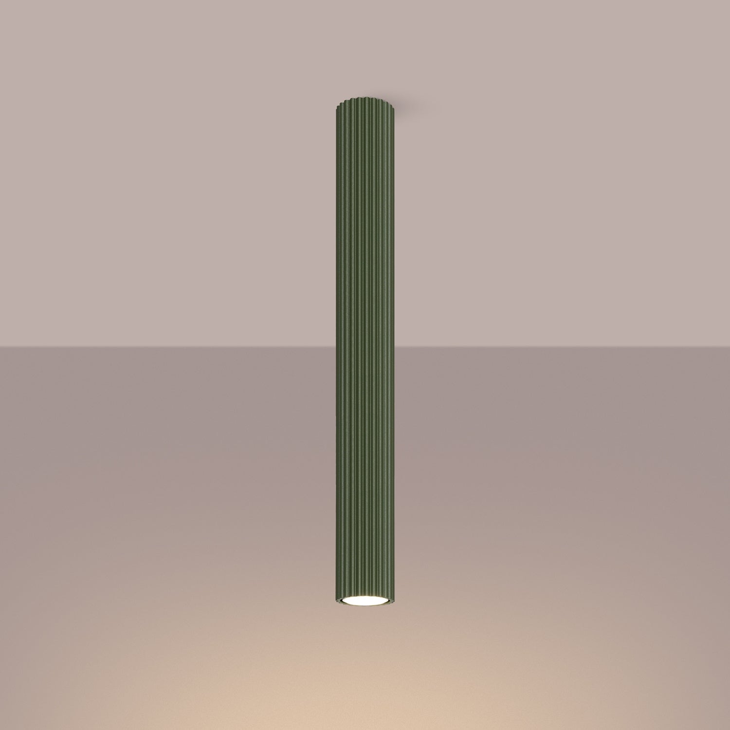 Olive Green Pillar Ribbed Cylinder Ceiling Light 60cm switched on in modern UK home interior, warm LED glow