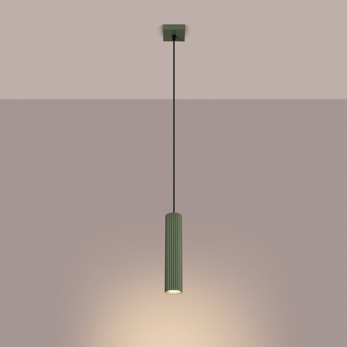 Olive Green Ribbed Cylinder Pendant Light switched on in modern UK home interior, warm LED glow
