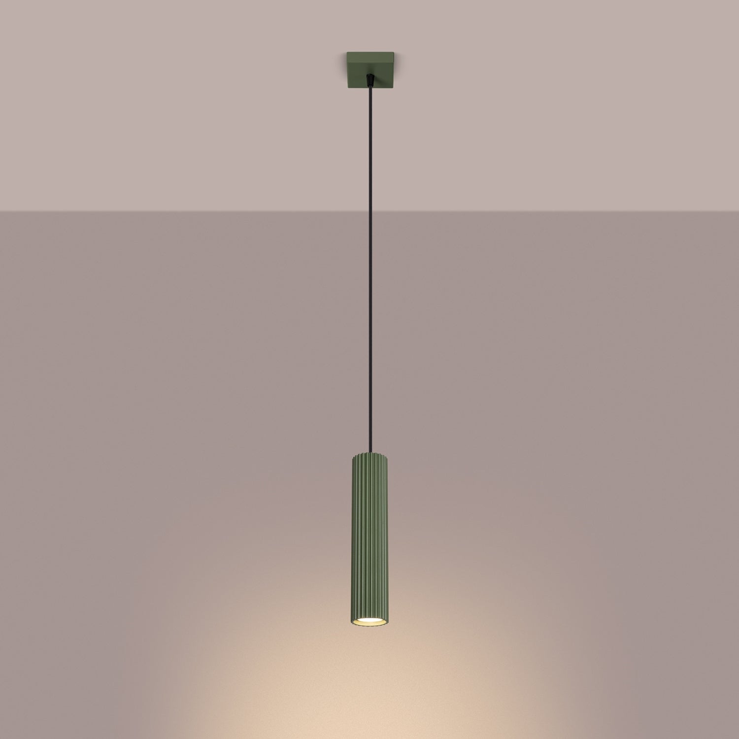 Olive Green Ribbed Cylinder Pendant Light switched on in modern UK home interior, warm LED glow