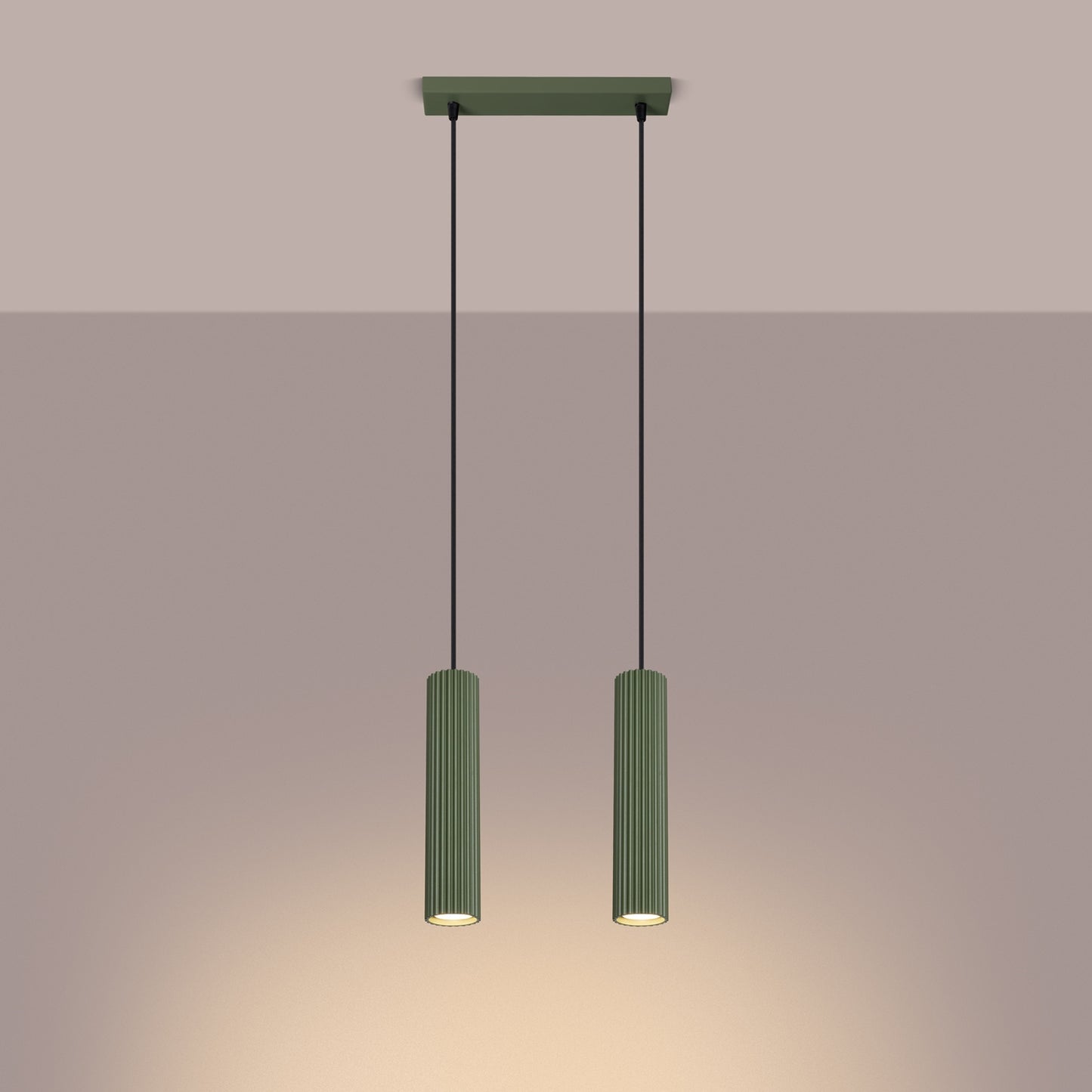 Olive Green Twin Ribbed Pendant Spotlight switched on in modern UK home interior, warm LED glow