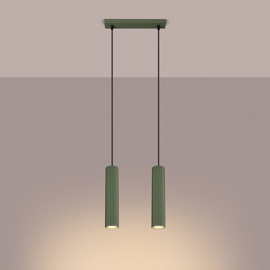 Olive Green Twin Ribbed Pendant Spotlight switched on in modern UK home interior, warm LED glow
