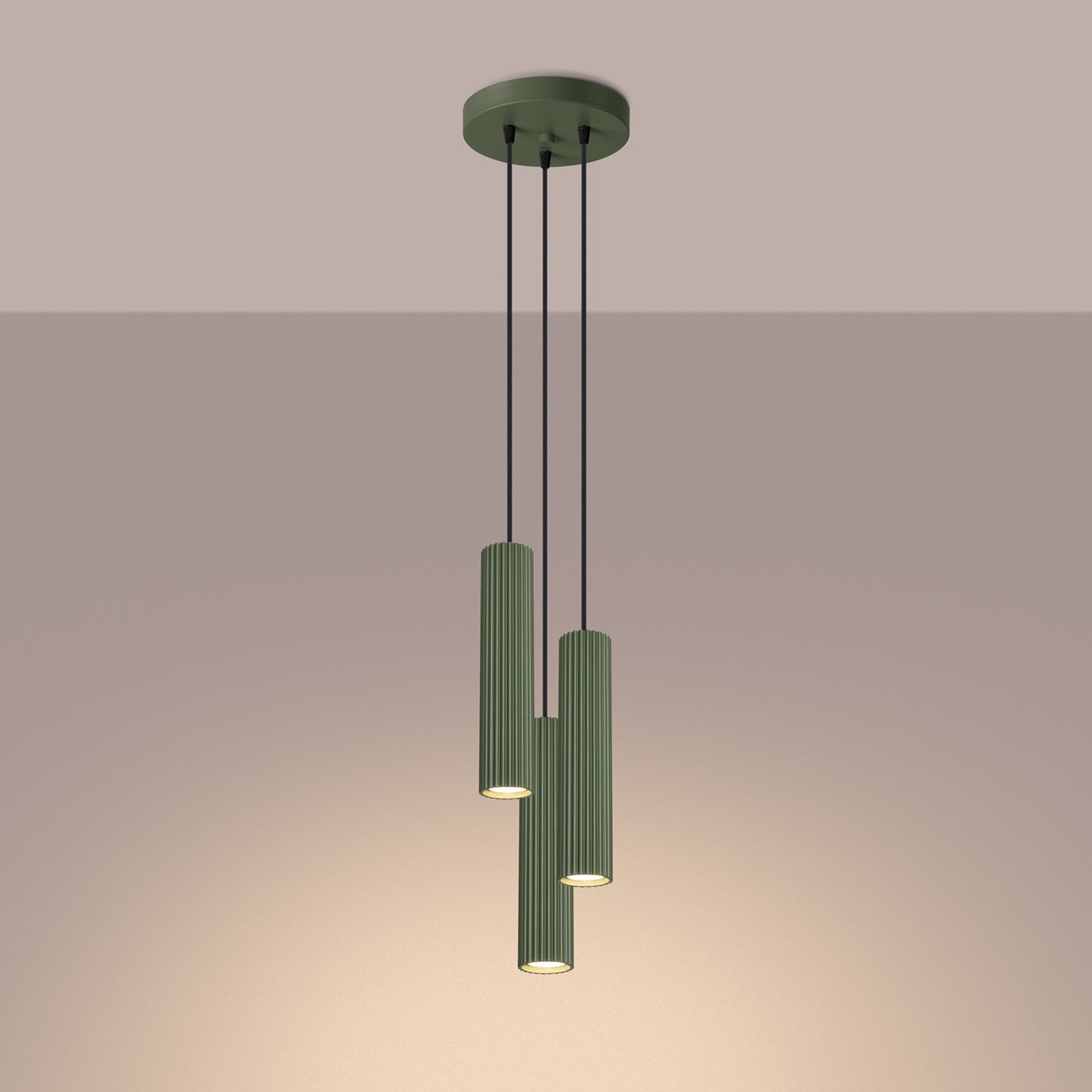 Olive Green Triple Ribbed Pendant Cluster switched on in modern UK home interior, warm LED glow