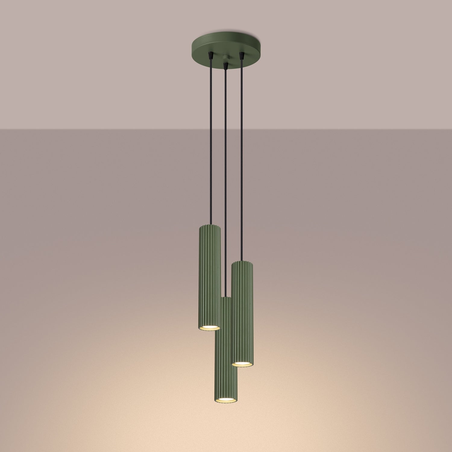 Olive Green Triple Ribbed Pendant Cluster switched on in modern UK home interior, warm LED glow