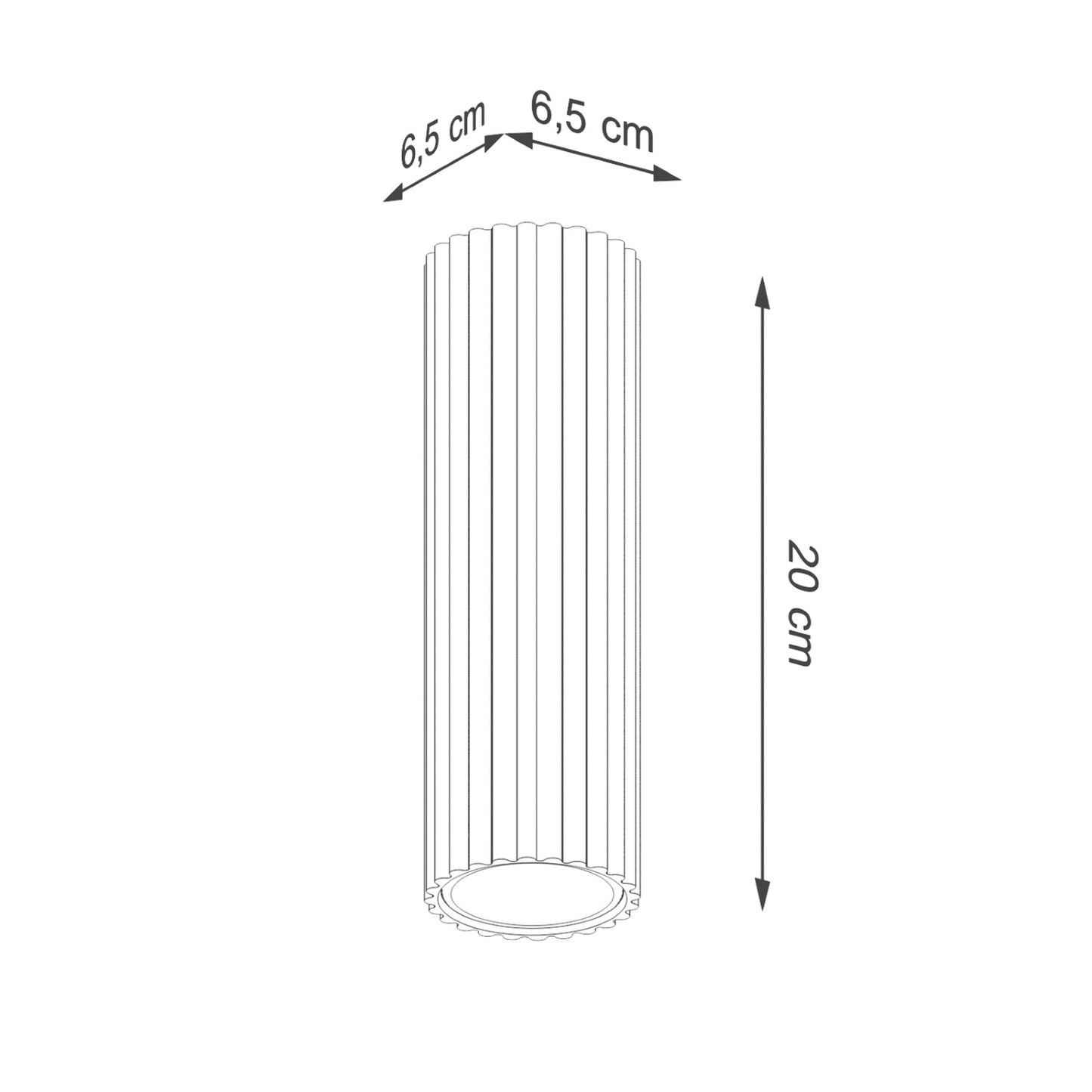 White Ribbed Tube Ceiling Spotlight 20cm technical view and dimensions reference