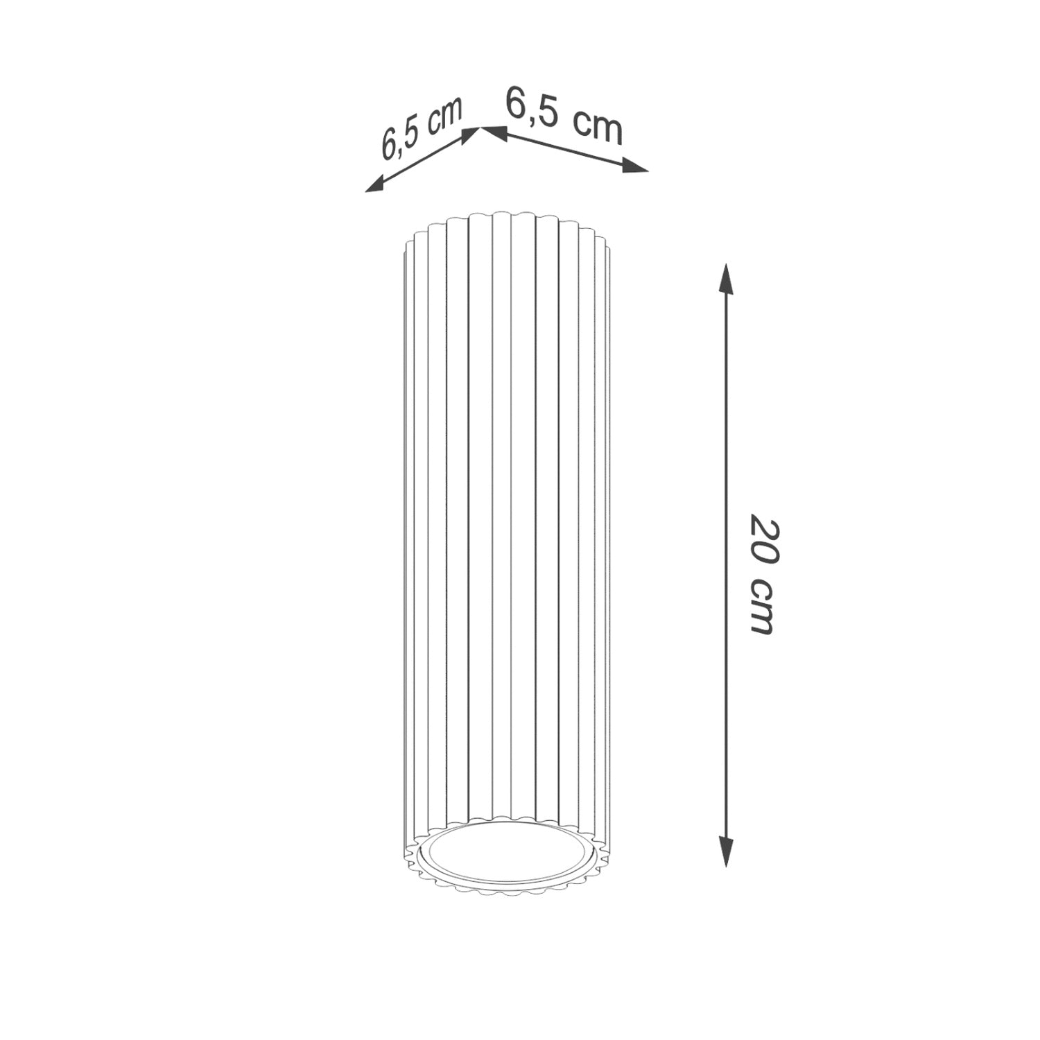 White Ribbed Tube Ceiling Spotlight 20cm technical view and dimensions reference